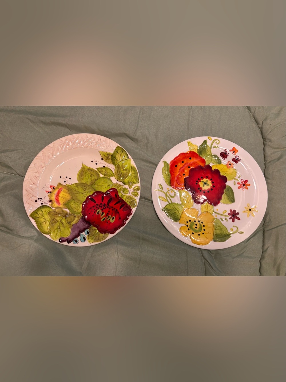 Pier 1 Hand-Painted Floral Ceramic Dinner Plates in Red & Yellow